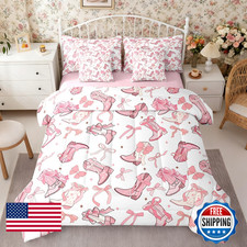 Manfei 7 Pcs Cowgirl Comforter Set Queen Sizewestern Cowboy Boots Pink Bowknots