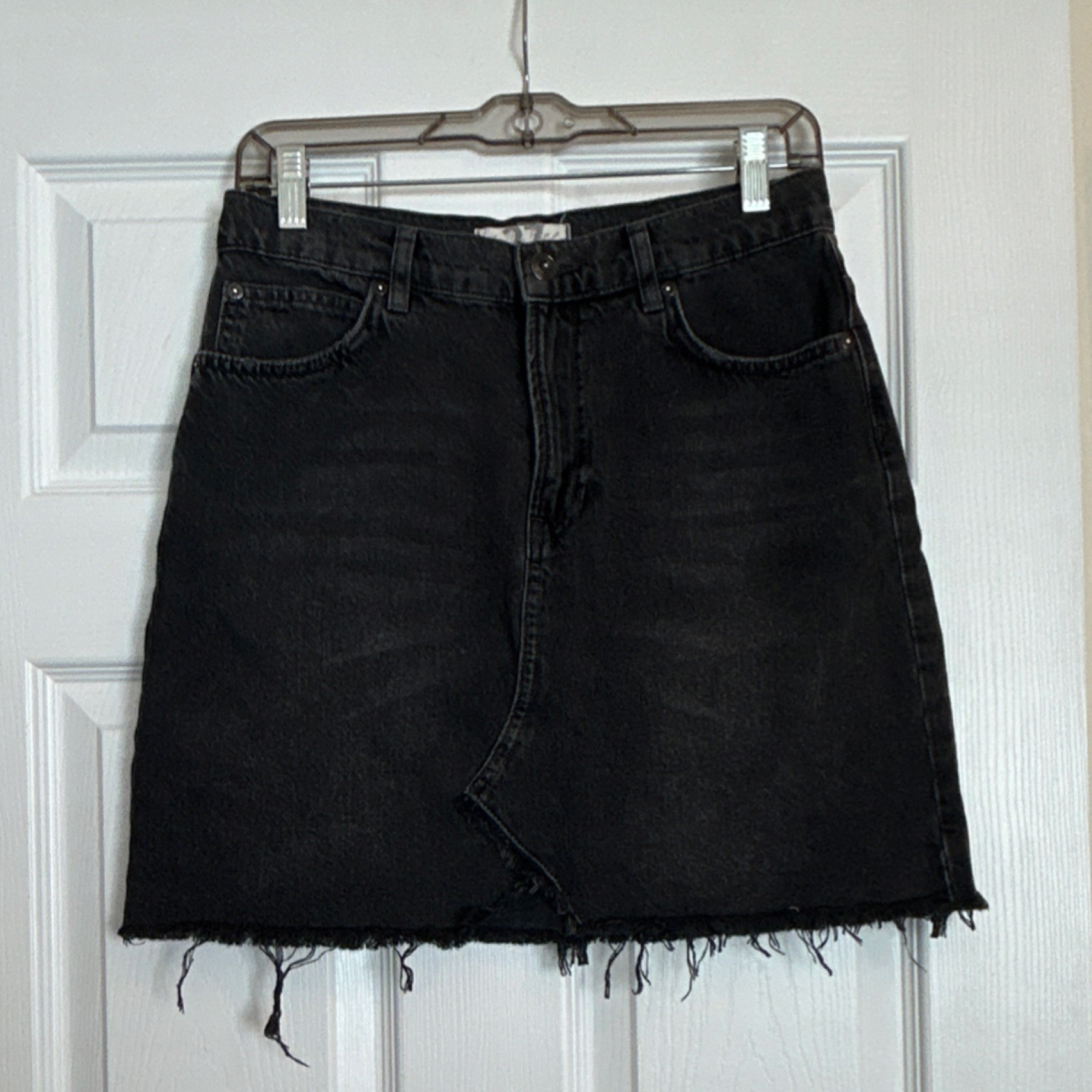 We The Free Women's Black Denim Mini Skirt 27 Fringe Hem Zip Pockets