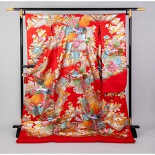 Red Embroidered Crane  Peony Wedding Hokakushiki Kimono, Silk, Used