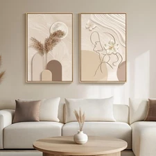Large Framed Neutral Abstract Wall Art for Living Room, 2 Piece Tan and Cream...