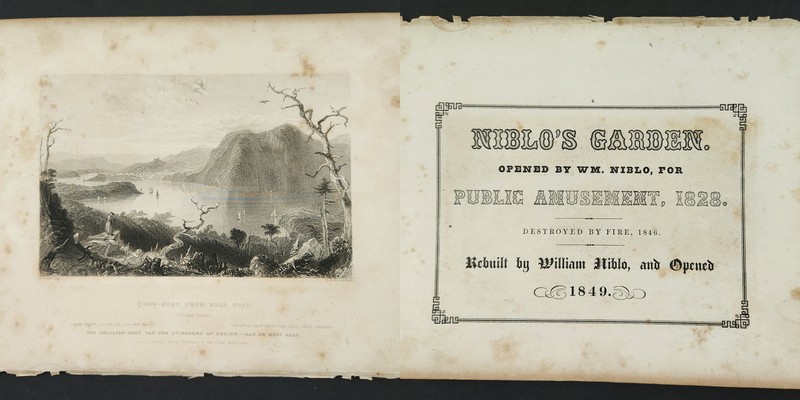 1800s antique NIBLO'S GARDEN AD w art CROW NEST BULL HILL HUDSON RIVER engraving
