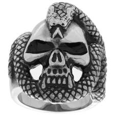 Stainless Steel Gothic Biker Ring Vampire Skull Rapped with Snake