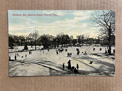 Postcard Portland ME Maine Deering Oaks Park Ice Skating Winter Scene Vintage PC