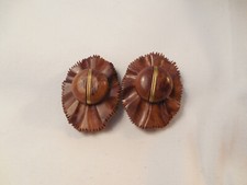 Vintage mid century wood  brass flower button shoe clips