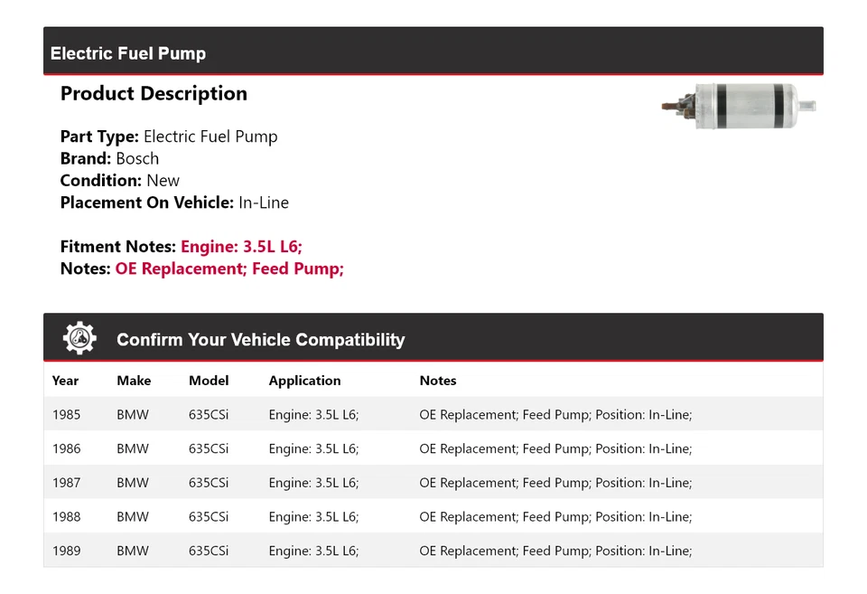 Bomba de combustible eléctrica Bosch 1985-1989 BMW 635CSi 3,5 L L6 en línea 1986 1987 1988 Foto 2 de 4