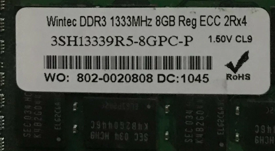 Wintec 8GB (1x8GB) ECC/REG SERVER RAM PC3-10600R DDR3-1333 3SH13339R5-8GPC-P - Image 4 of 4