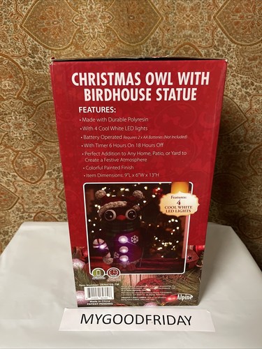 Alpine Corporation Christmas Owl with Bird House Statue 4Cool White LED Lights - Picture 6 of 13
