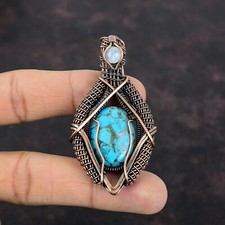 Blue Turquoise Wire Wrapped Pendant Handcrafted Copper Unique Gift 2.6"