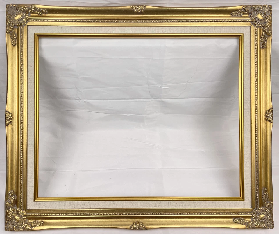 Antique Gold Ornate Baroque Wood Picture Frame Linen Liner 3" Wide - Image 3 of 4