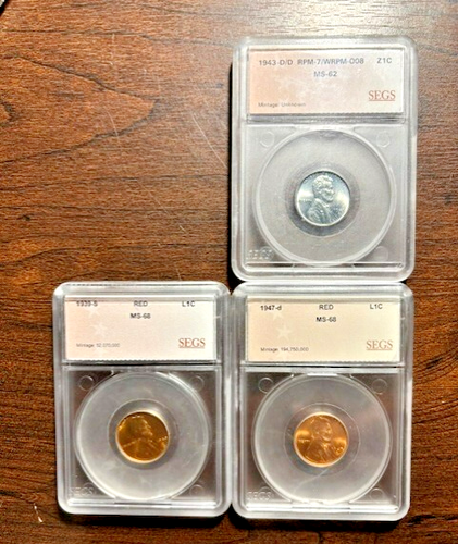 Lot of 3 Wheat Cents in Permanent Slabs 1939-S, 1943 Double Die D, 1947-D
