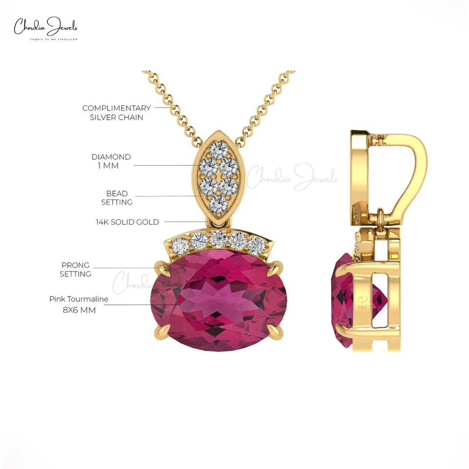 Colgante de diamantes de turmalina rosa de oro macizo de 14k 8x6 mm collar de piedras preciosas ovaladas regalo Foto 4 de 4