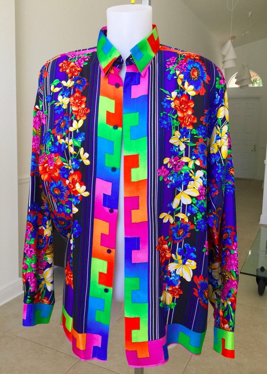 GIANNI VERSACE silk shirt Stripes and Flowers print size IT