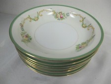 HIRI  HAND PAINTED CHINA JAPAN  7 3/4"  SOUP BOWLS (8) GREEN BAND FLORAL SWAGS