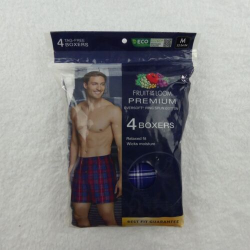 Fruit Of The Loom Underwear Mens Medium 32/34 Boxers Blue Plaid Striped 4 Pairs