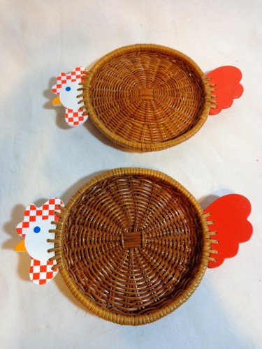 Chicken Wicker Basket Trays Set of 3 Wood Red White Shallow - Picture 5 of 7