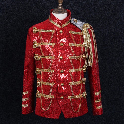 Men Sequin Military Army Jacket Artillery Drummer Steampunk Retro Top Suit - Picture 2 of 12