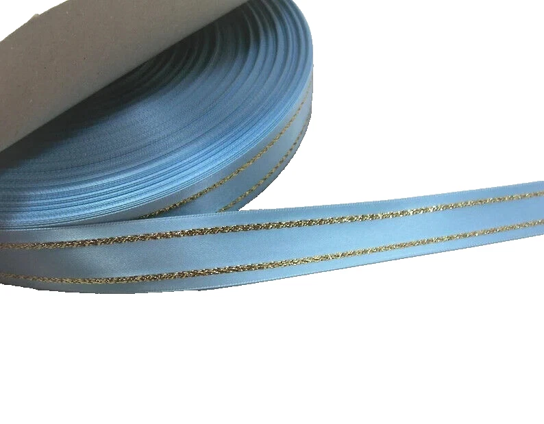 Schiff Blue Double-Face satin ribbon 7/8" x 10 yards Metallic Gold Stripe B17 - Image 2 of 4