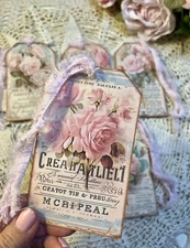 Shabby Chic, Romantic Pink Roses, Linen Cardstock Hang Tags Set Of Five (5)