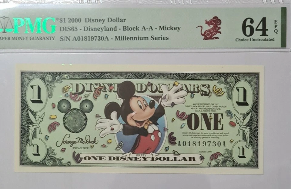 2000 $1 Disney Dollar Mickey PMG64 EPQ UNC @ Block AA @ Millenium Series - Image 3 of 4