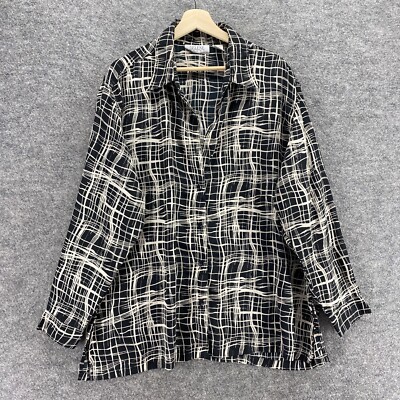 Selene Sport Shirt Women 1X Plus Black Geometric Button Up Collared Long Sleeve