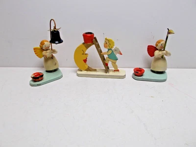Erzgebirge Volkskunst 3 alte Engel als Kerzenhalter 2x WEHA Kunst - Bild 1 von 3