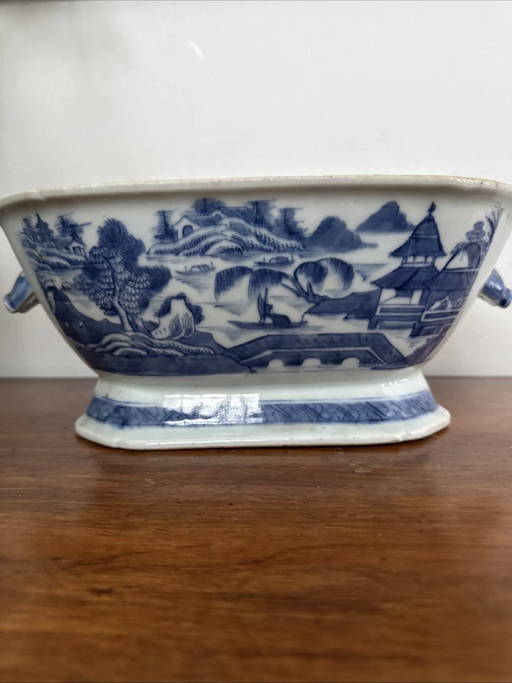 Antigua puré de porcelana de exportación azul cantón chino 13 X 8,75 X 5 asas de jabalí Foto 2 de 4