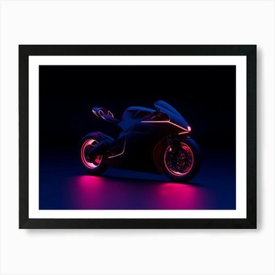Motorrad beleuchtet bei Nacht Kunstdruck gerahmtes Wandbild Poster Leinwanddruck Bild
