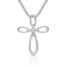 10K Solid White Gold Diamond Cross Floating Chain Slide Pendant Necklace