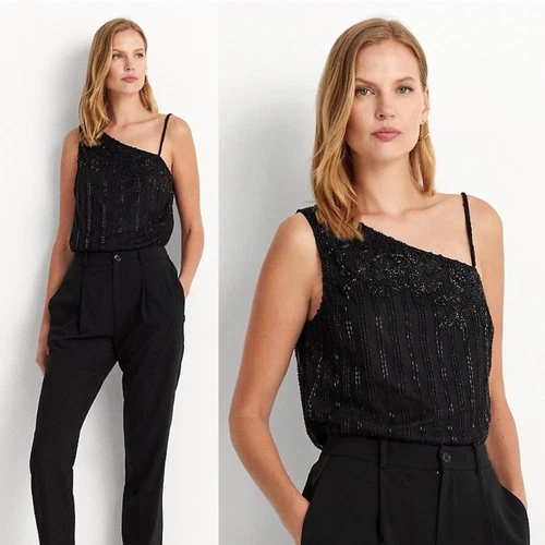 LAUREN RALPH LAUREN NWT Ralph Lauren Beaded Mesh One Shoulder Camisole Top Floral Glam Black S $225