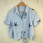 Calligraphie Button Up Top Womens XL Embroidered Linen Shell Star Beach Coastal
