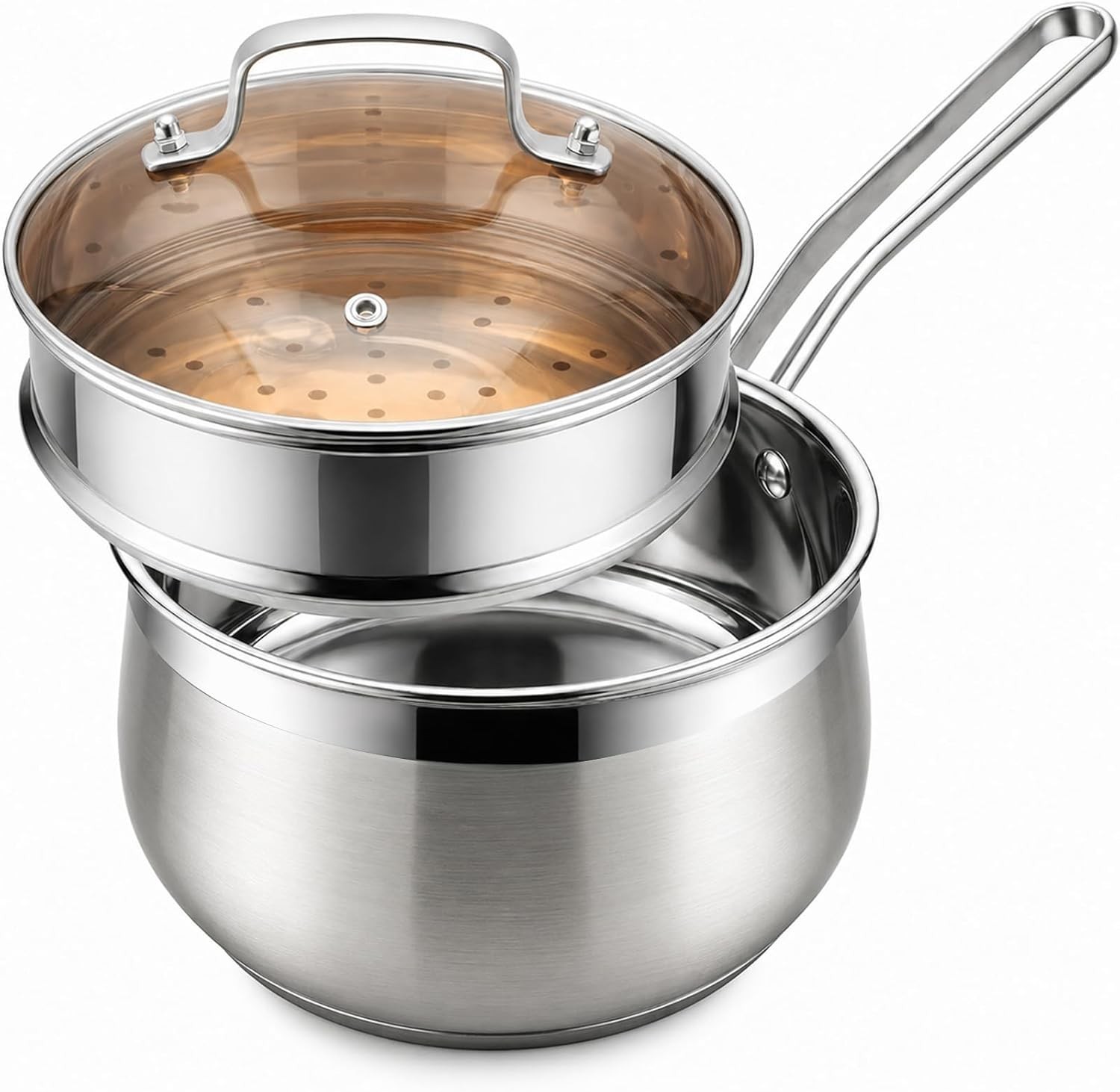 2.5QT Stainl Steel Saucepan with Steer Basket and Glass Lid, 18/8