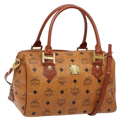 MCM Logogram Vicetos Mini Boston Bag PVC Leather 2way Brown Gold