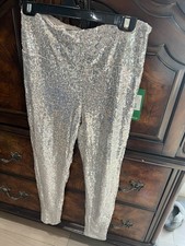 Tipsy Elves silver fully lined SEQUIN HIGH WAISTED LEGGINGS Large NWT