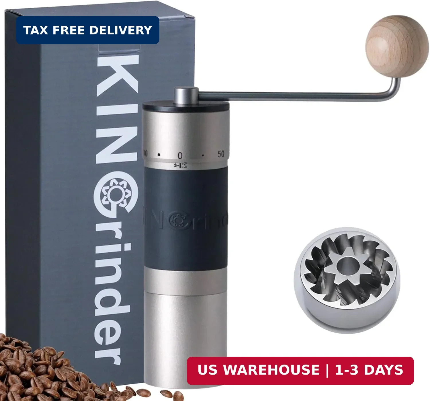 [Silver] K6 Manual Coffee Grinder Straight Handle Stainless Burr