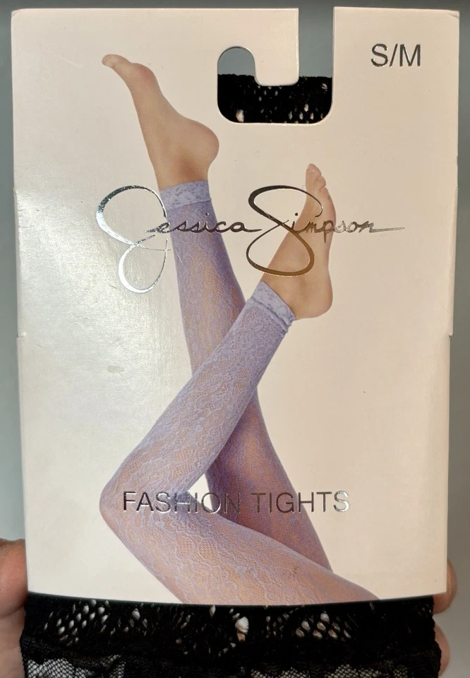 Medias Jessica Simpson Fishnet, ribete de encaje, sin pies, negras para mujer S/M, nuevas en paquete Foto 3 de 3