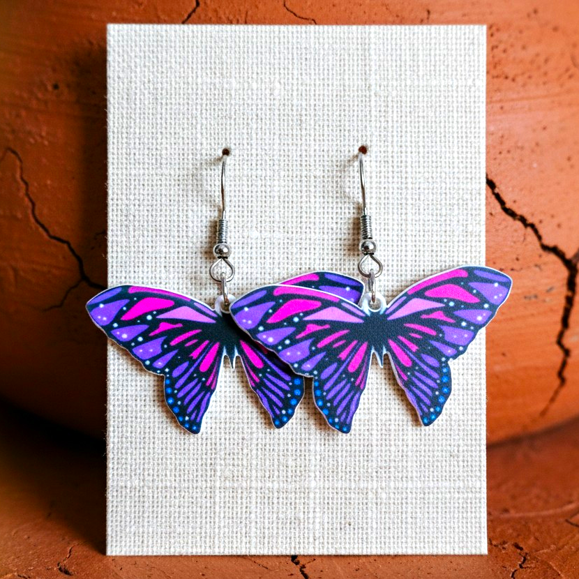 Purple Butterfly Acrylic Dangle/Drop Hook Earrings Animals & Insects Lobe
