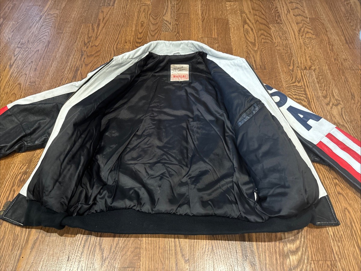 Vintage Michael Hoban WHEREMI Jacket Mens Large Leather USA Flag
