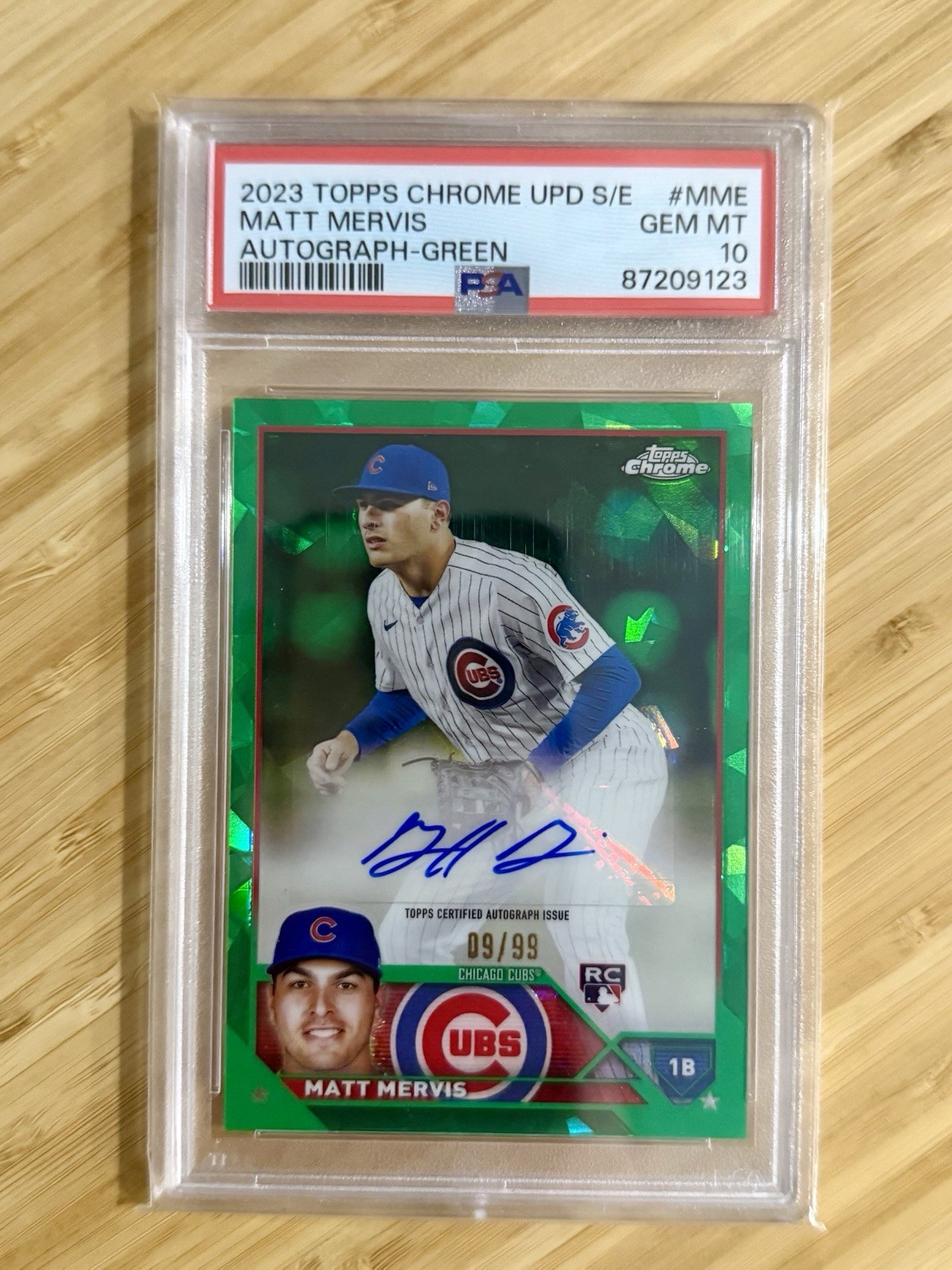Matt Mervis 2023 Topps Chrome Update Sapphire Auto Green RC #USA-MME Cubs PSA 10