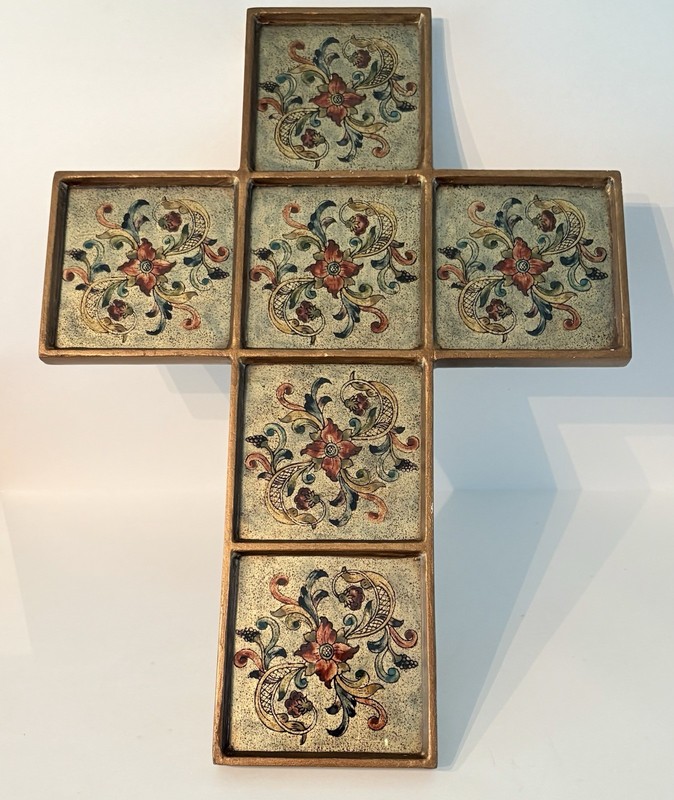 Vintage Robert M Weiss Reverse Painted Glass Wood Cross Ornate Floral Motifs 17"