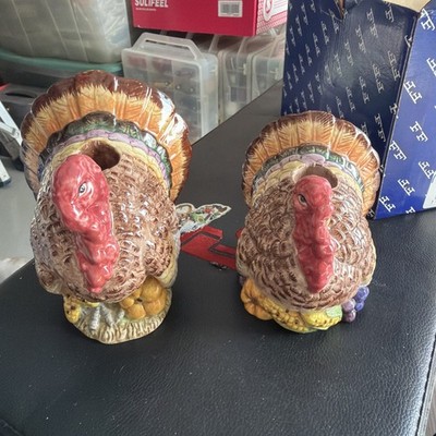 Fitz and Floyd Autumn Bounty Turkey Candle Holder Pair New In Box