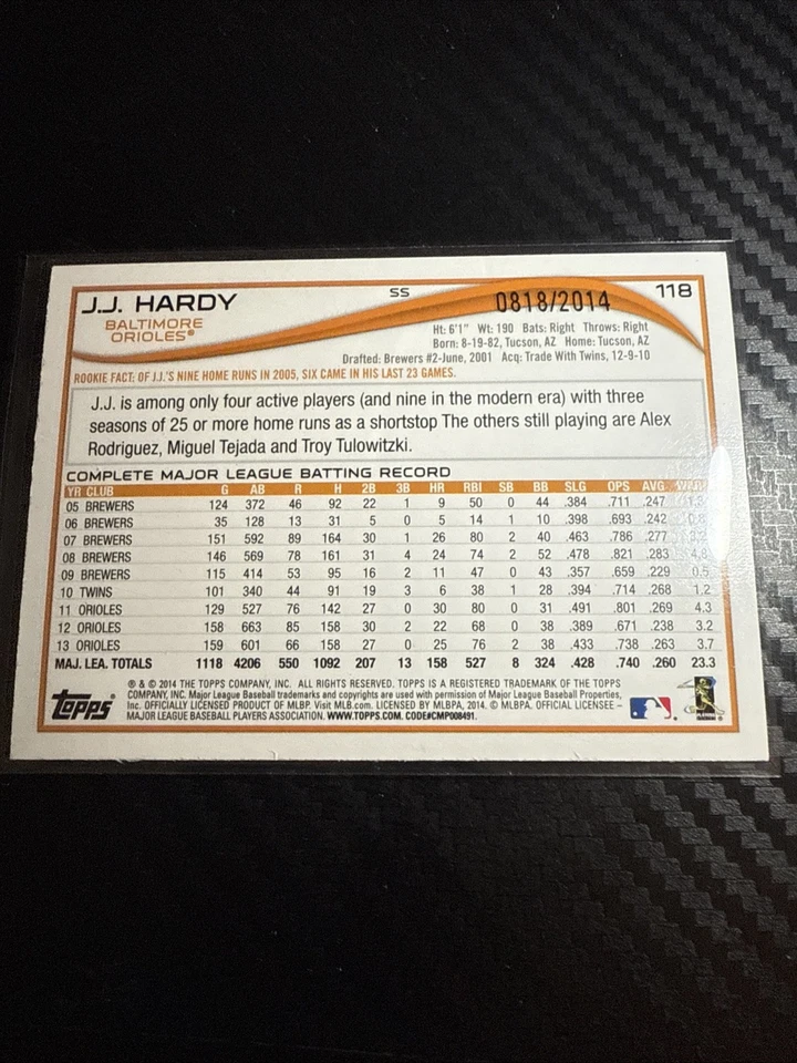 2014 Topps Opening Day - J.J. Hardy #118 Blue Holofoil /2014 - Image 3 of 3