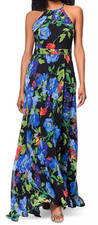 STUNNING NWT Betsy  Adam Printed Chiffon Halter-Neck Gown Black Multi, 8. 179