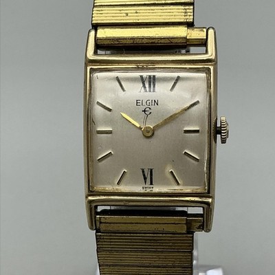 Vintage Elgin Tank Mens Watch 23mm 10K Rolled Gold Stretch Band Manual Wind