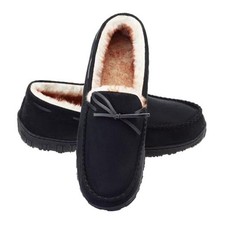 Men's Moccasin Slippers Memory Foam Warm Plush House Slippers, Indoor 8 Black