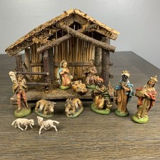 VTG Italian Nativity Scene 11 Pc Hand Painted Figures W/ Creche Christmas Rare