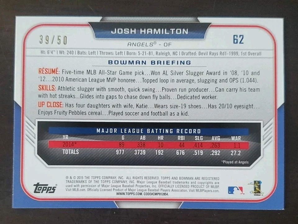 Josh Hamilton 2015 Topps No62 золотая кайма /50 - Изображение 2 из 2