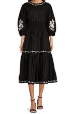 FANM MON SUNDIAL A-LINE DRESS 100% COTTON EMBROIDERED FLORAL BLACK & WHITE SZ XL