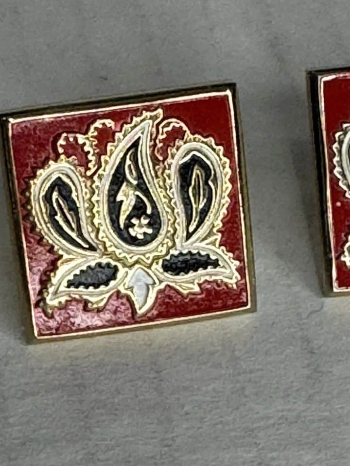 Gemelos Swank Vintage Rojo Dorado Negro Esmalte Paisley Diseño Lotus Foto 3 de 4