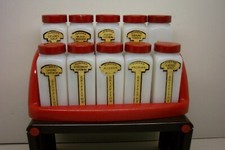 VINTAGE GRIFFITH MILK GLASS SPICE JAR SET OF 10 WITH RED CAPS & RED RACK