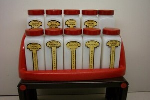 VINTAGE GRIFFITH MILK GLASS SPICE JAR SET OF 10 WITH RED CAPS & RED RACK